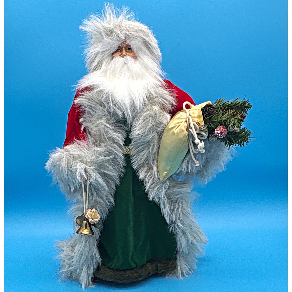 Vtg Wilderness Santa 18" Figurine Tree Topper Red Green Velvet Shaggy Grey Fur